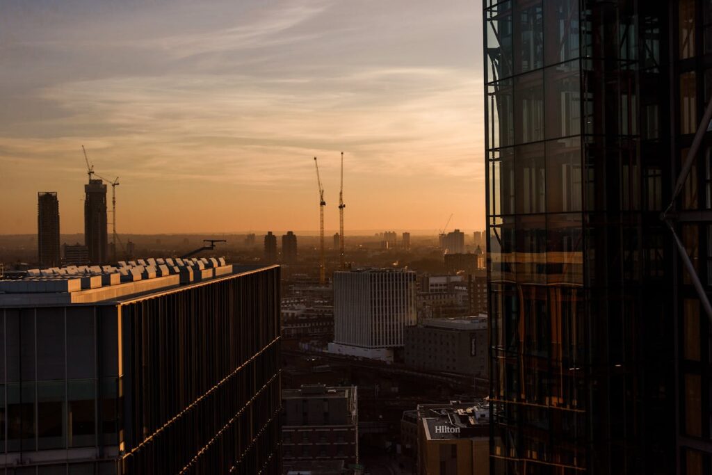 Evening city with modern buildings